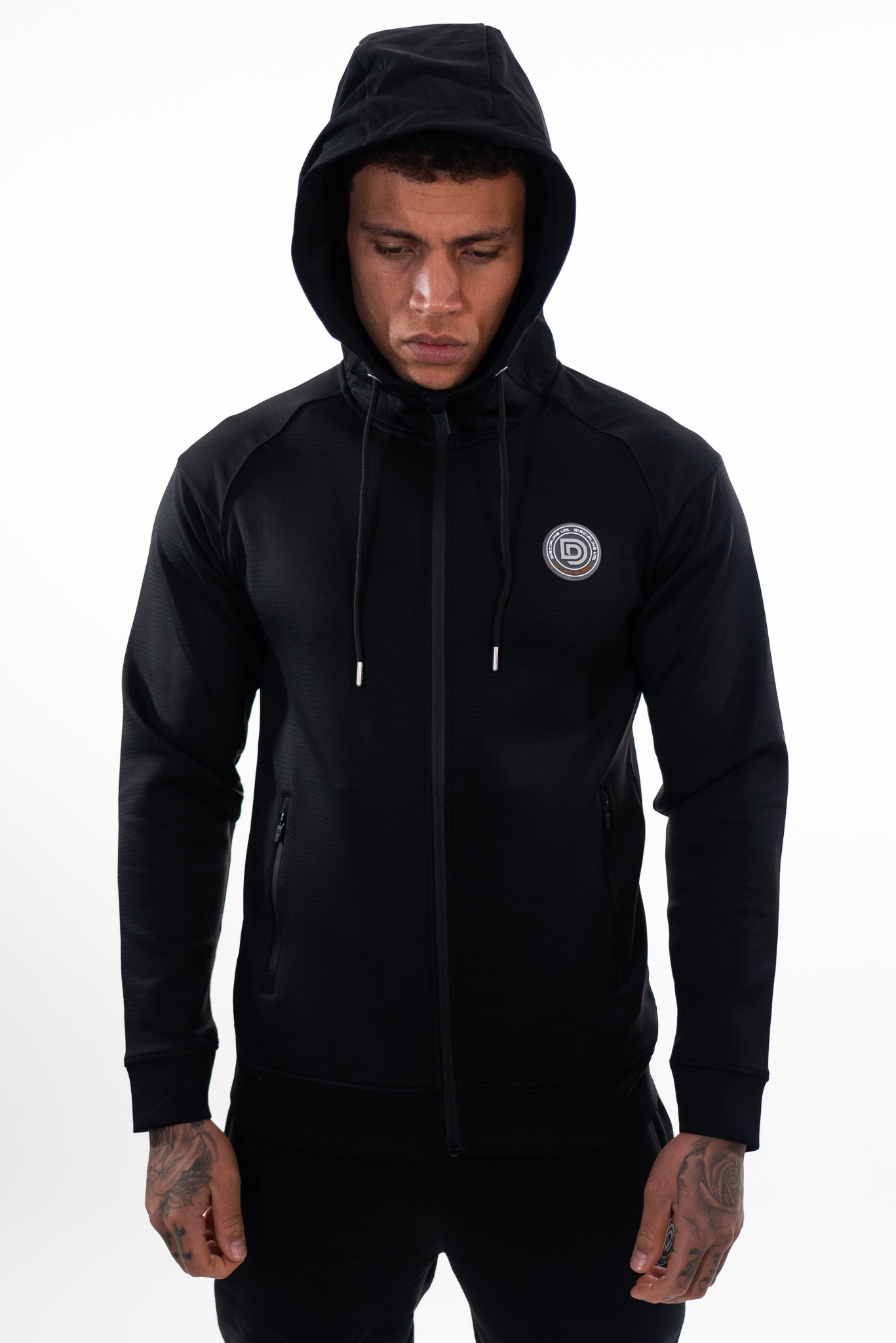 Black Zip-Thru Hoodie with Hood up